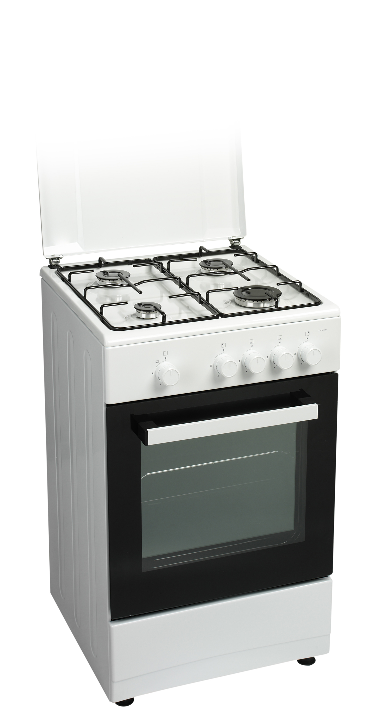 Een wit fornuis met vier branders, ovendeur open. Geïsoleerd op witte achtergrond.
