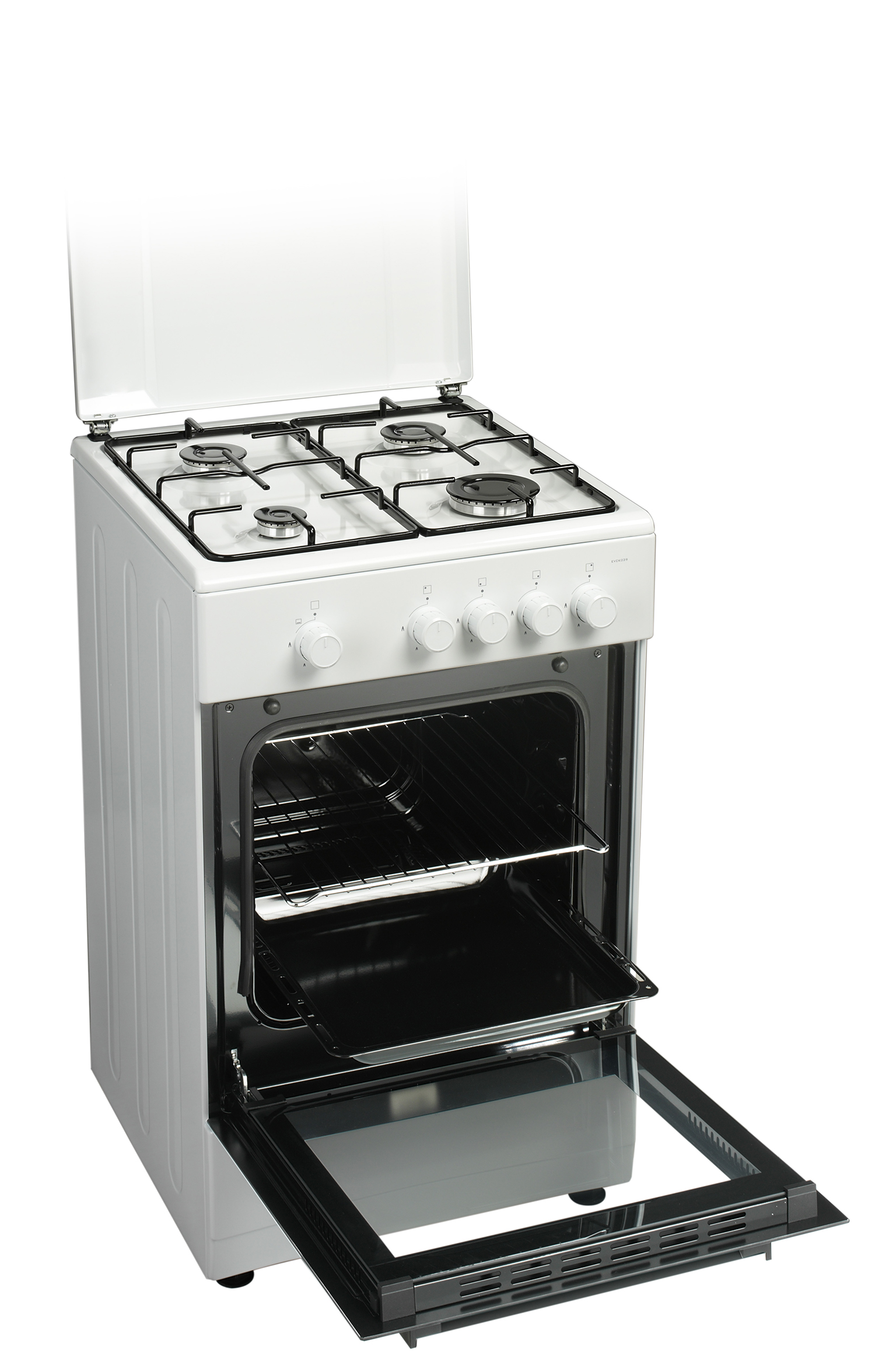 Witte gasfornuis met open ovendeur. Vier branders. Witte achtergrond.