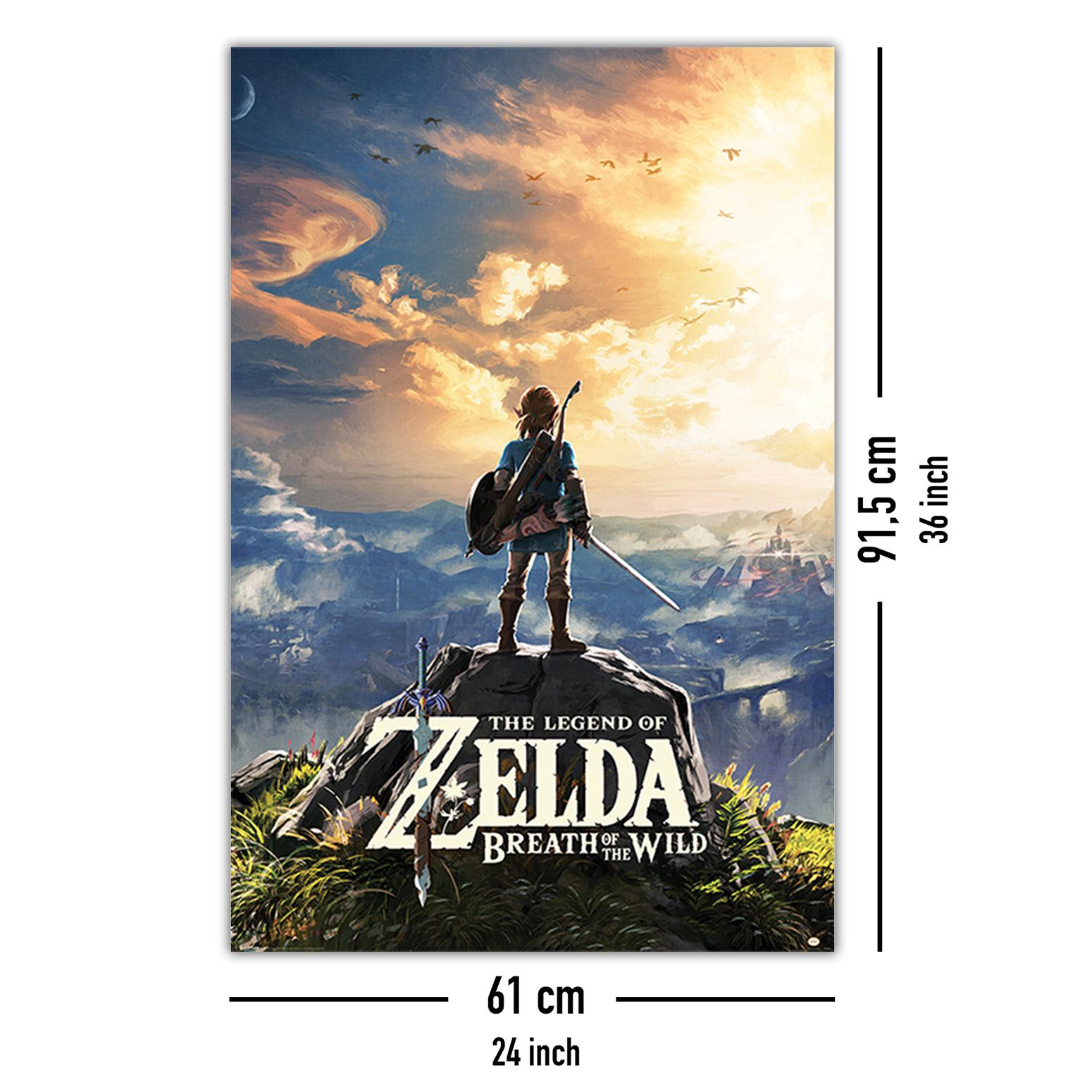 Poster des Spiels The Legend of Zelda. Link steht mit Schwert auf Felsen.