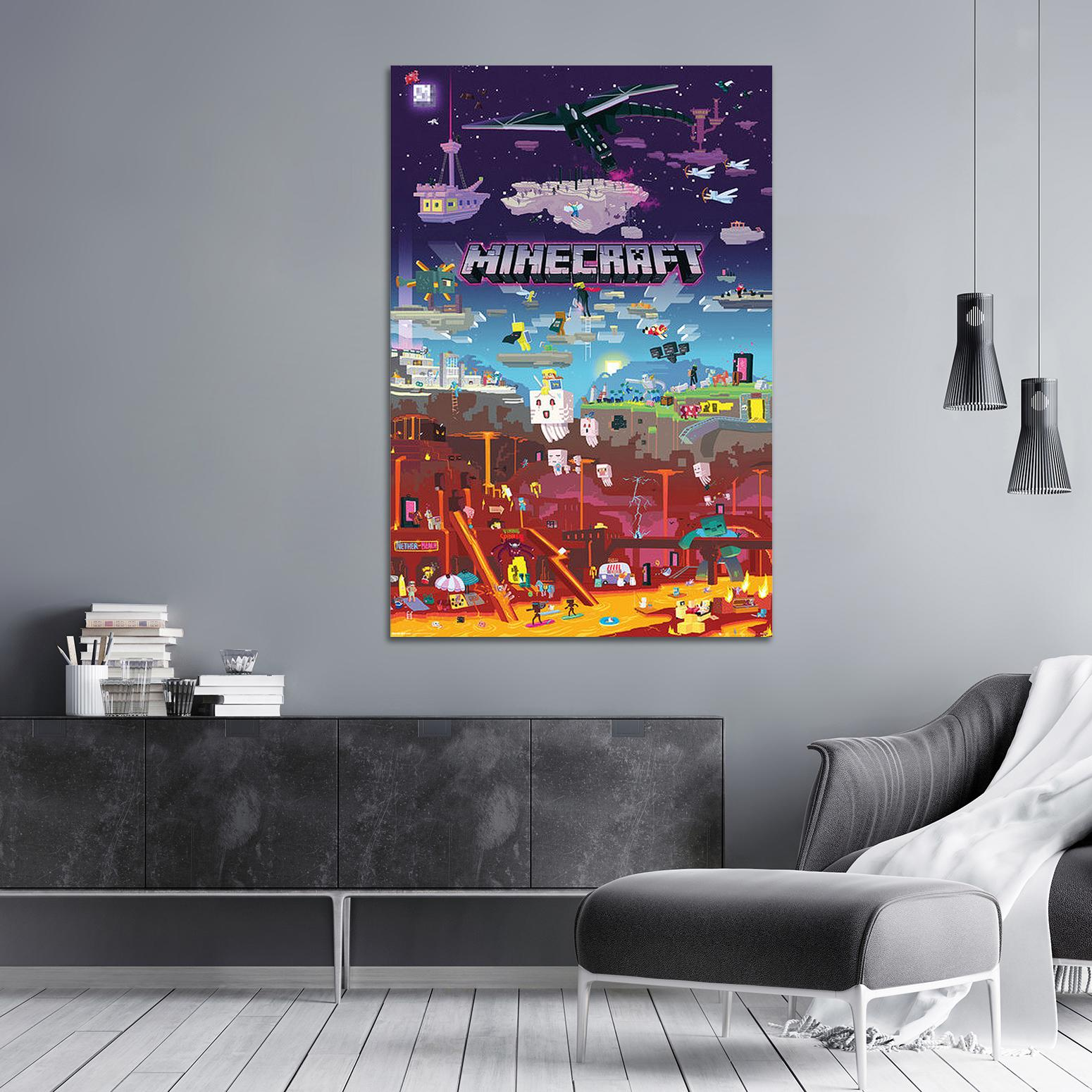 Minecraft-Kunst an einer Wand, mit bunten Charakteren, Nachthimmel und einer schwebenden Insel.