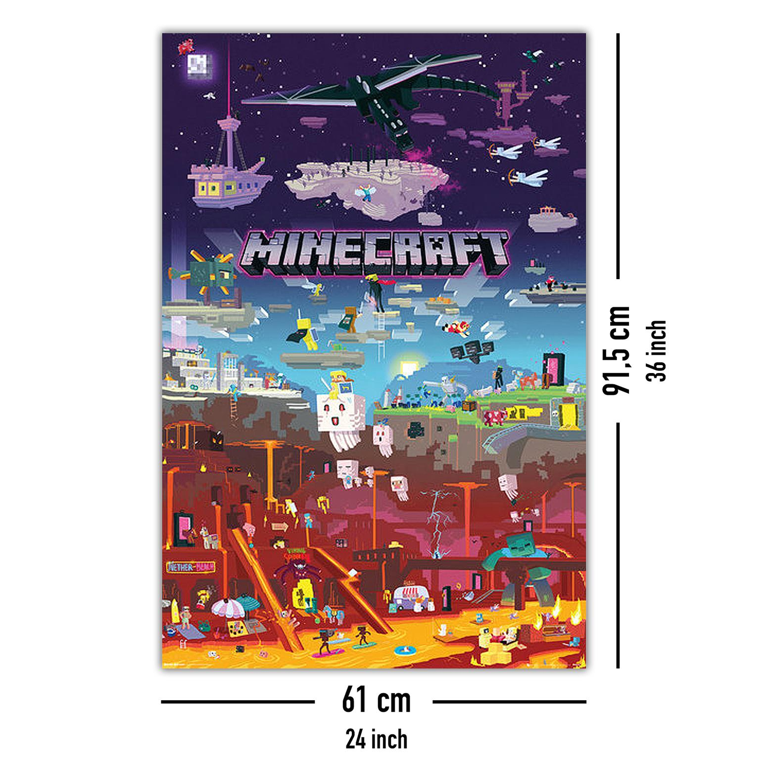Minecraft-Poster mit einer detaillierten Szene, die verschiedene Charaktere und Elemente aus dem Spiel zeigt, mit Abmessungen.