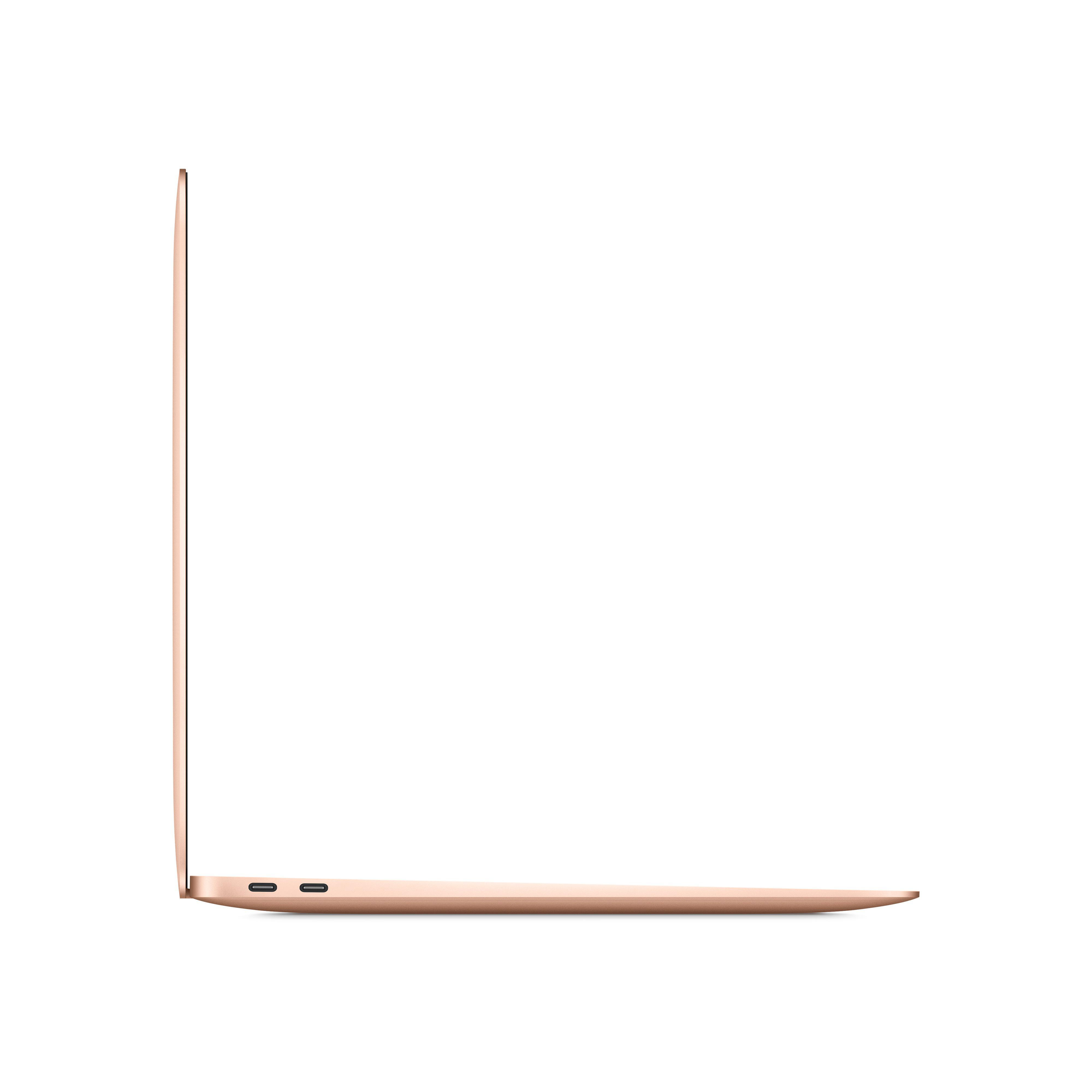 Seitenansicht eines goldenen Laptops auf weißem Hintergrund, der sein schlankes Profil zeigt.