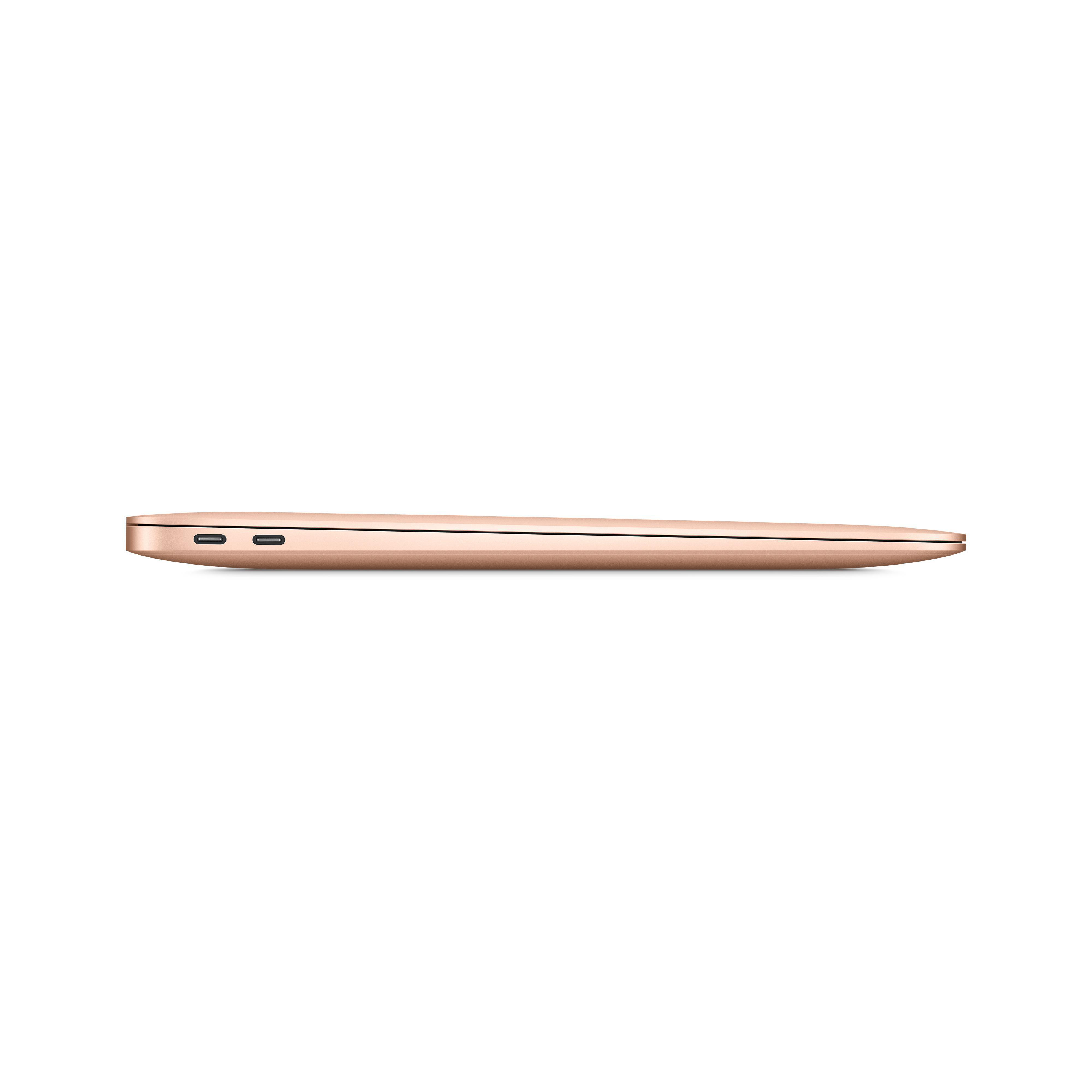 Seitenansicht eines roségoldenen Laptops auf einer weißen Oberfläche.