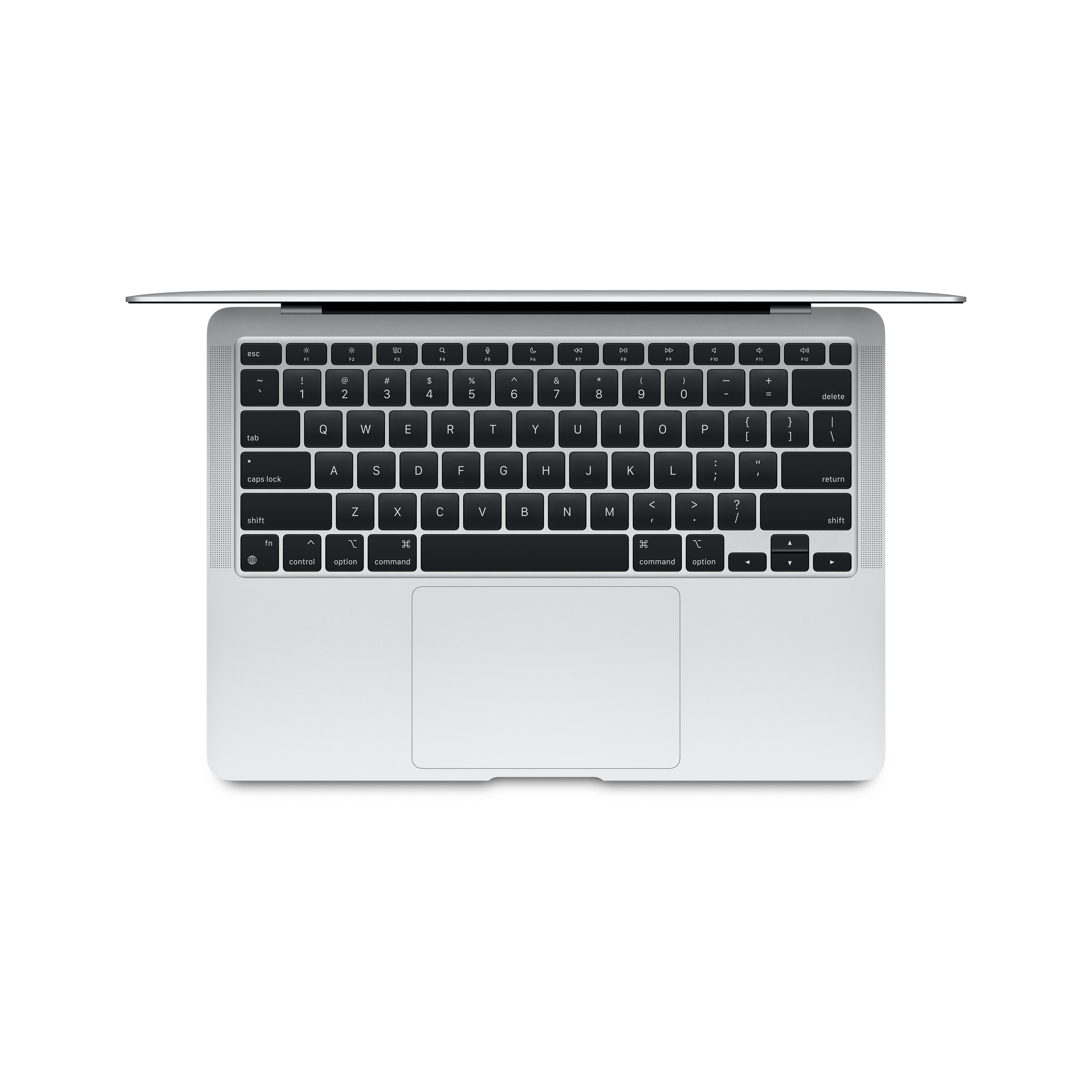 Ein silberner Laptop auf weißem Hintergrund, die Tastatur ist sichtbar, Draufsicht.