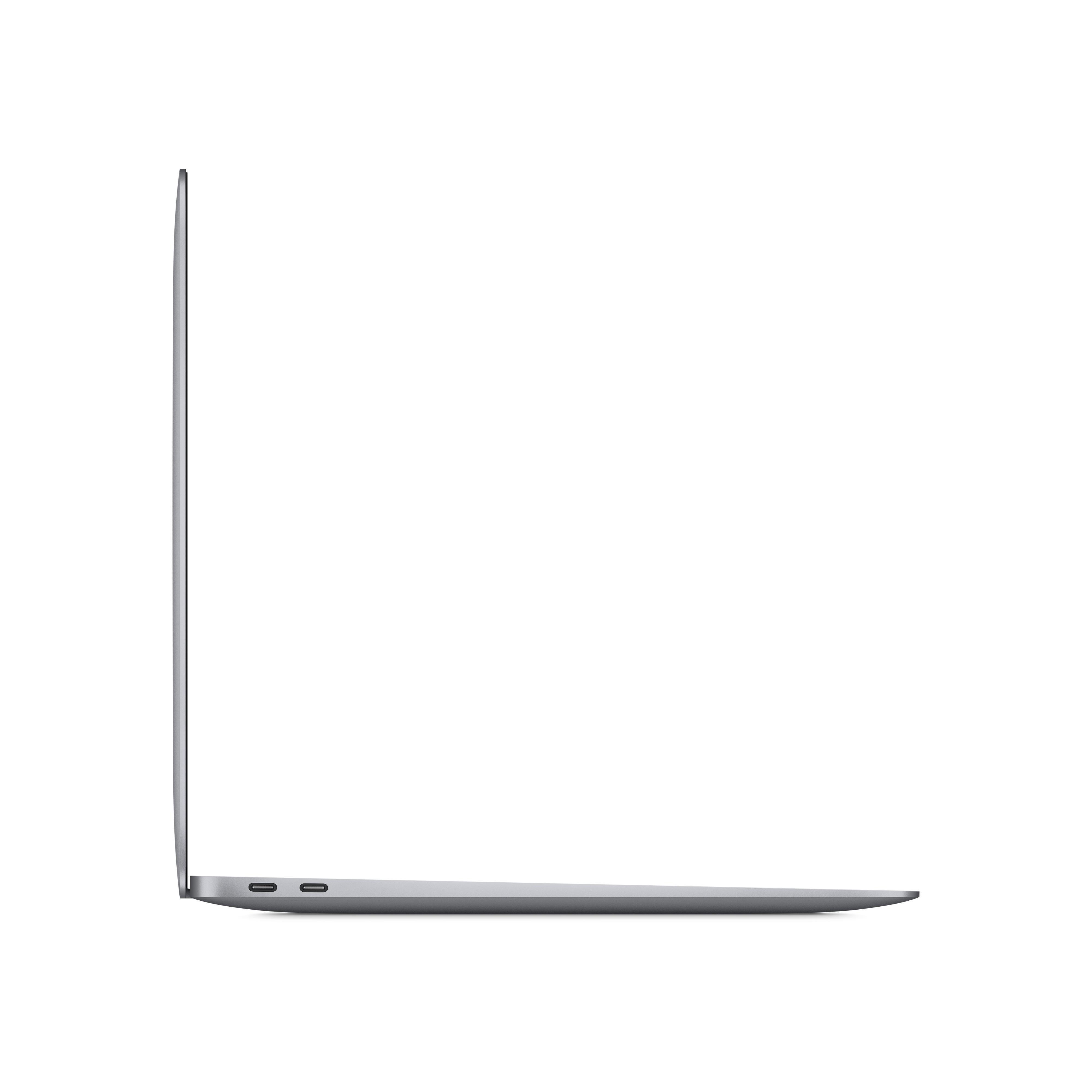 Seitenansicht eines silbernen Laptops auf weißem Hintergrund. Er ist geöffnet.