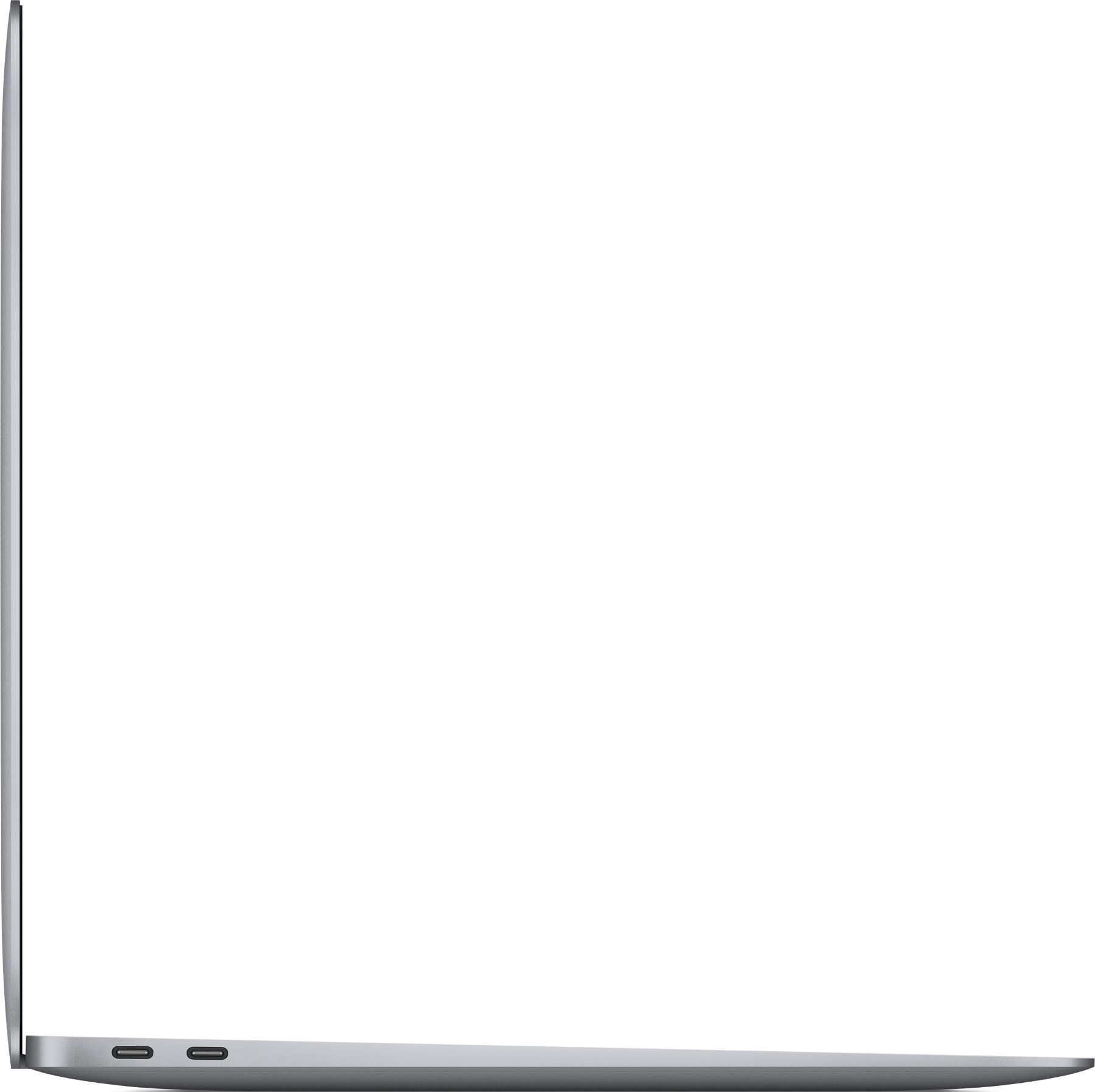 Eine Seitenansicht eines silbernen Laptops, geschlossen und auf einer weißen Oberfläche platziert.