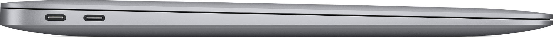 Seitenansicht eines silbernen Laptops. Zwei kleine schwarze Knöpfe sind an der Seite sichtbar.