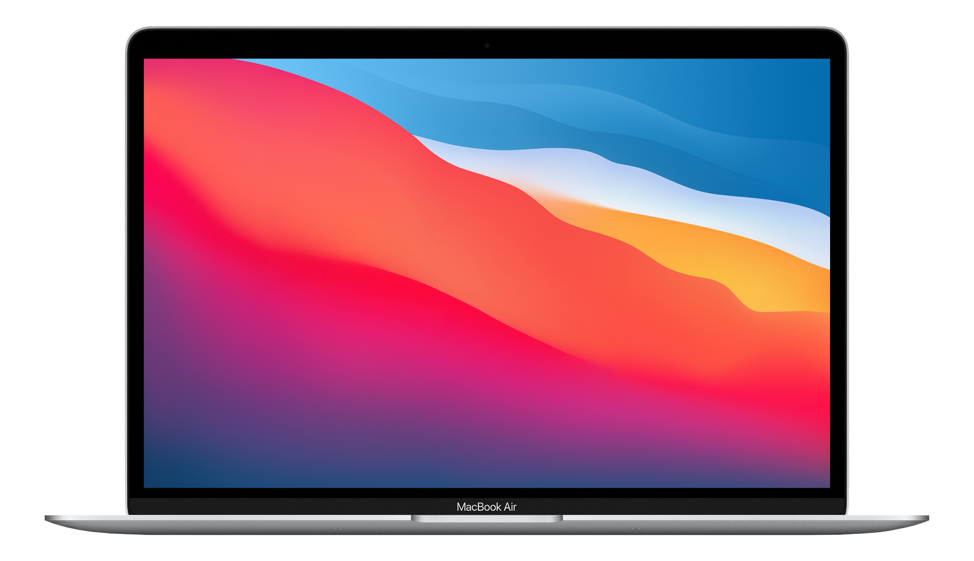 Ein silbernes Macbook Air Laptop auf schwarzem Hintergrund, geöffnet, mit farbenfrohem Bildschirm.