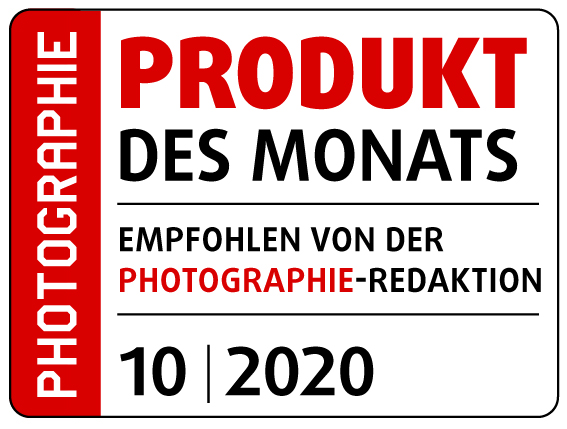 Ein weiß-rotes Auszeichnungsabzeichen mit der Aufschrift 'Produkt des Monats' und 'Empfohlen von...'