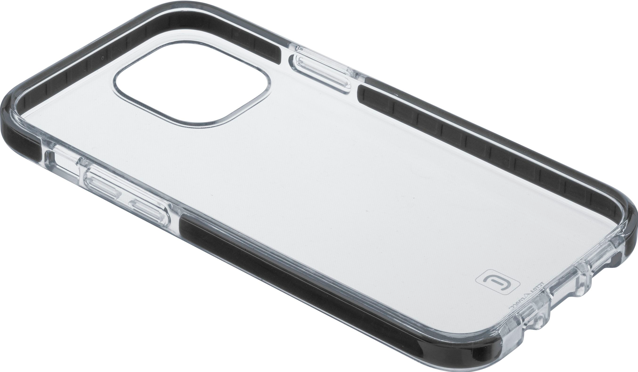 Transparente iPhone-Hülle mit schwarzem Rand. Die Hülle ist transparent und angewinkelt.