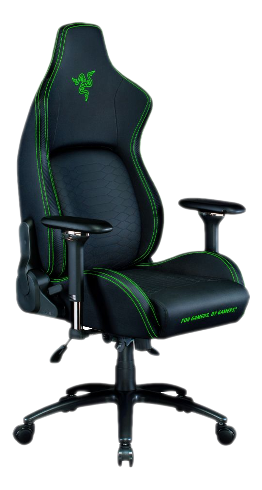 Schwarzer Gaming-Stuhl mit grünen Nähten und Razer-Logo, auf weißem Hintergrund.