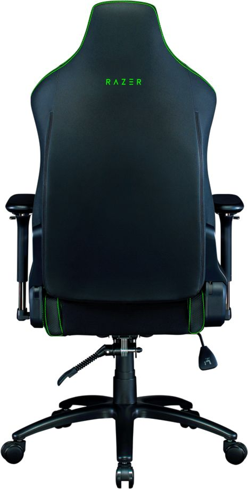 Rückseite eines schwarzen Gaming-Stuhls. Grüne Akzente und das Razer-Logo sind sichtbar.