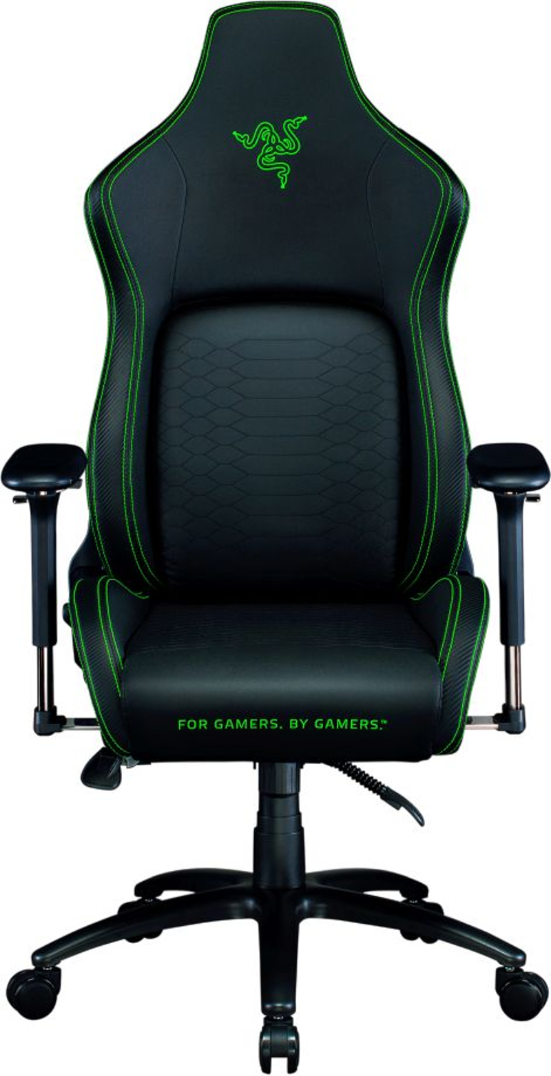 Schwarzer Gaming-Stuhl mit grünen Akzenten, Razer-Logo und Text "FOR GAMERS. BY GAMERS."