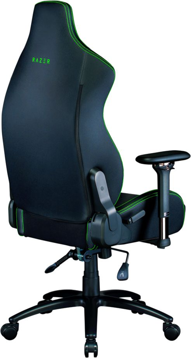 Schwarzer Razer Gaming-Stuhl mit grünen Nähten. Rückansicht.