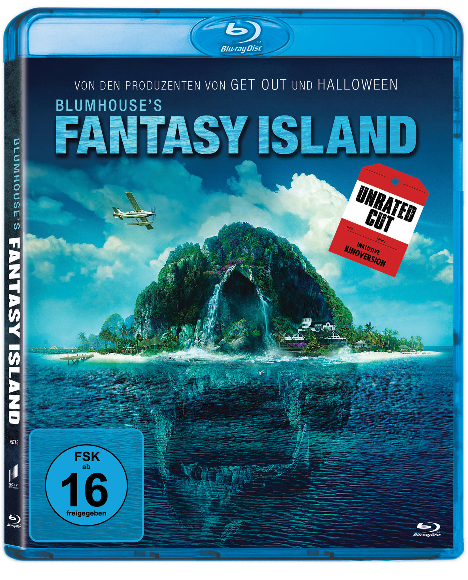 Blu-ray-Disc des Films 'Fantasy Island' mit einer Insel und einem Flugzeug auf dem Cover.