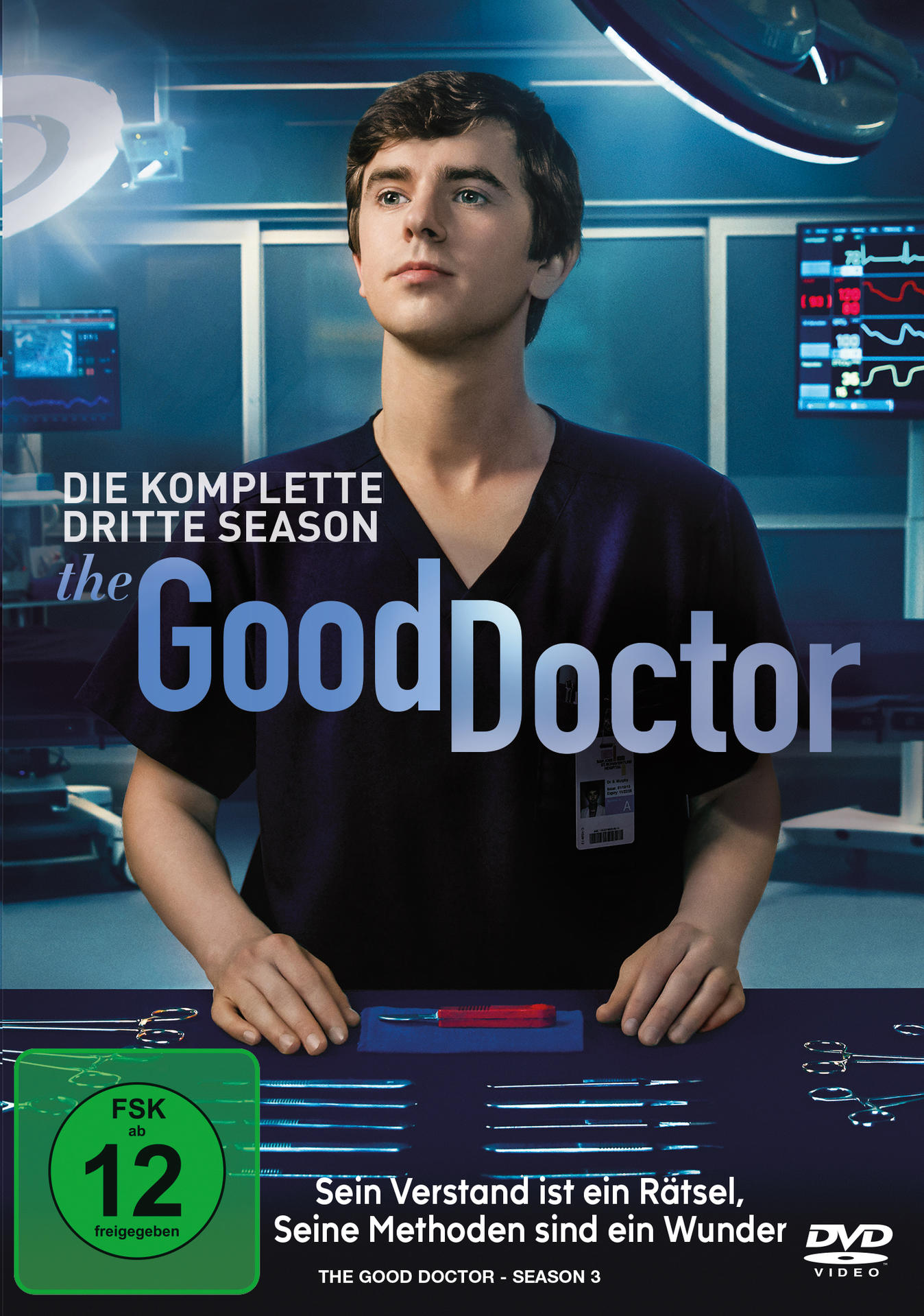 The Good Doctor DVD-Cover. Mann mit ernstem Blick, medizinische Umgebung.