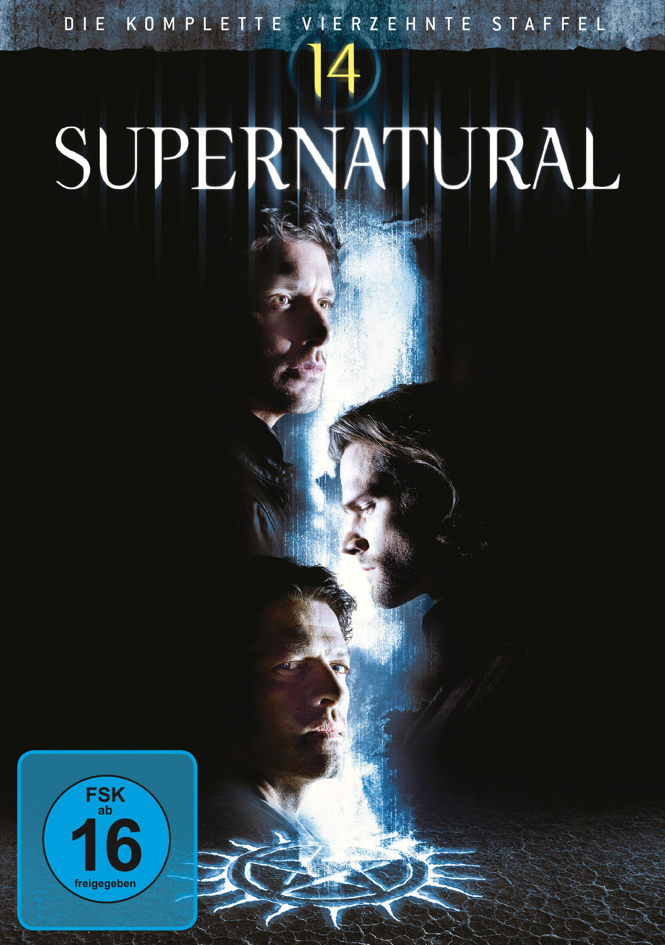 DVD-Cover für Supernatural Staffel 14, mit drei Schauspielern und Titeltext.