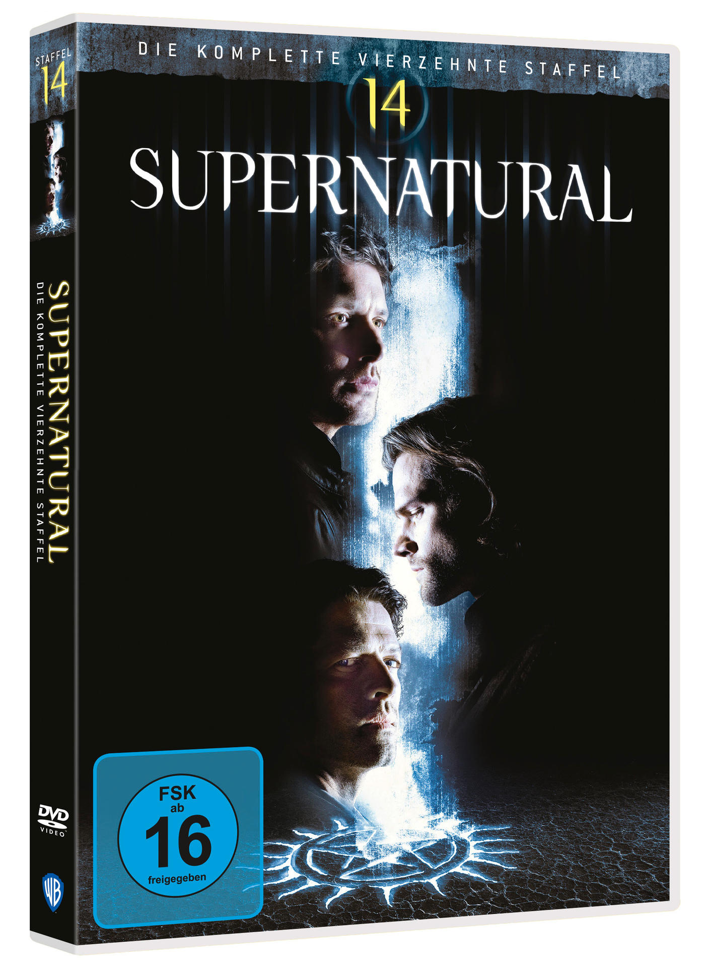 DVD-Hülle von Supernatural Staffel 14, mit drei Gesichtern von Schauspielern und blauem Hintergrund.