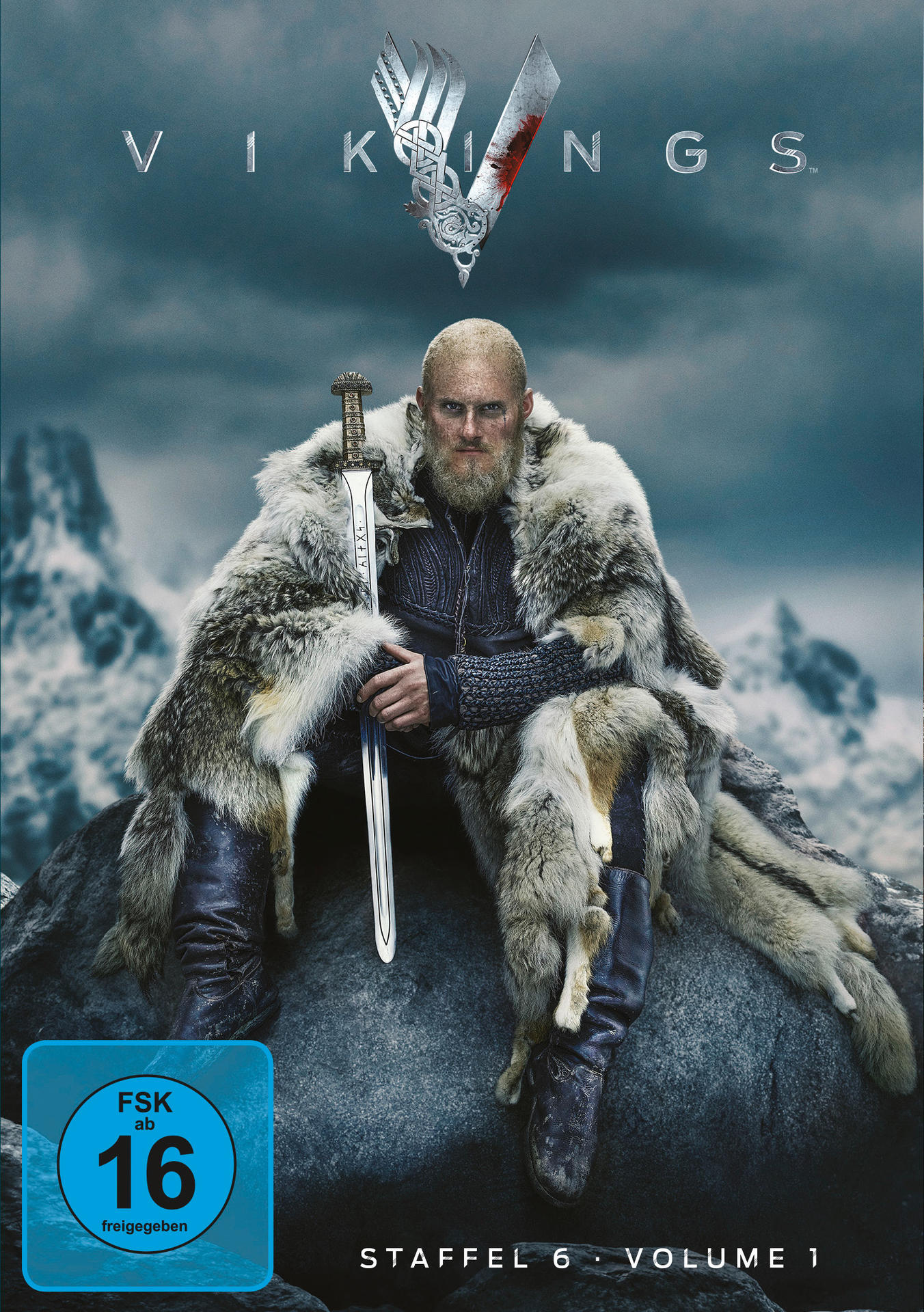 DVD-Cover für Vikings, Staffel 6, Volume 1. Zeigt einen bärtigen Mann in Fell und ein Schwert.