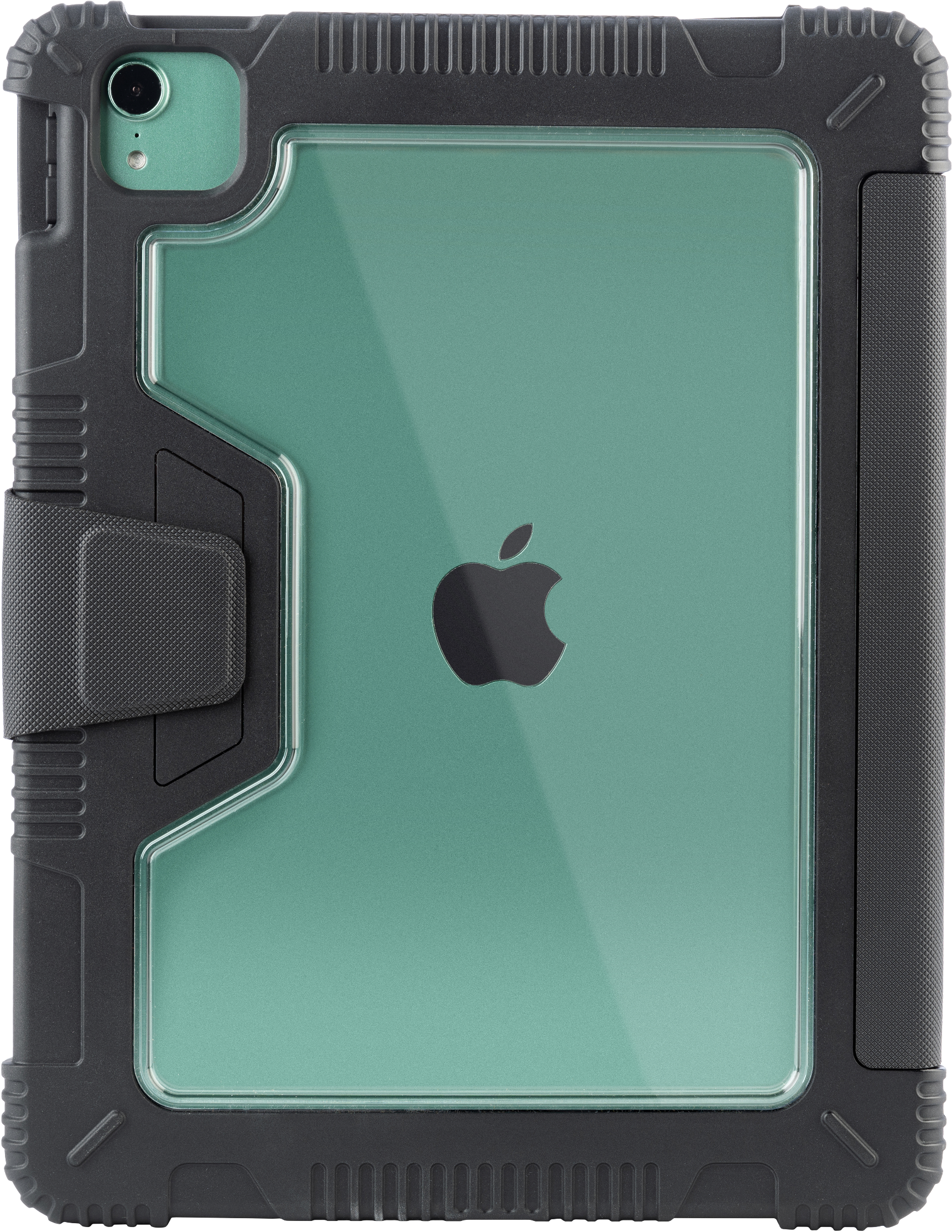 Ein iPad in einer schwarz-grünen Hülle. Der Bildschirm ist sichtbar und zeigt das Apple-Logo.