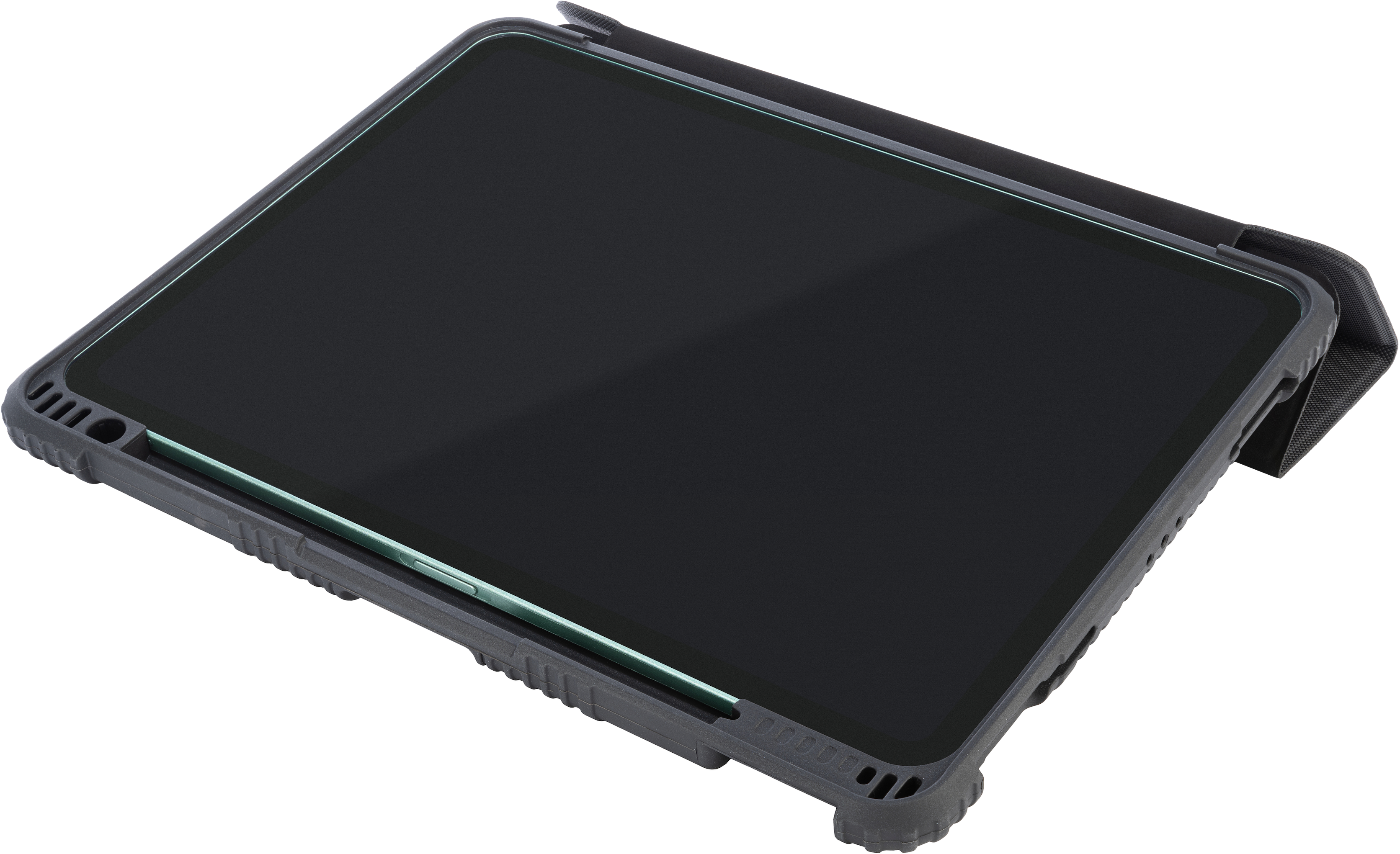 Schwarzes Tablet in einer schwarzen Hülle. Hülle hat eine Abdeckung, die über den Bildschirm geklappt wird.