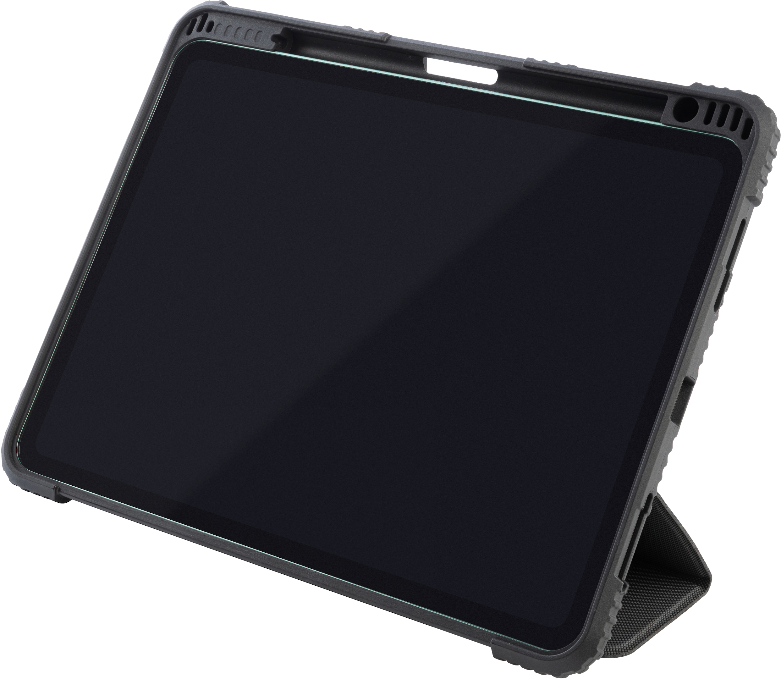 Ein schwarzes Tablet in einer robusten Hülle, aufgestellt, mit Displayschutz.