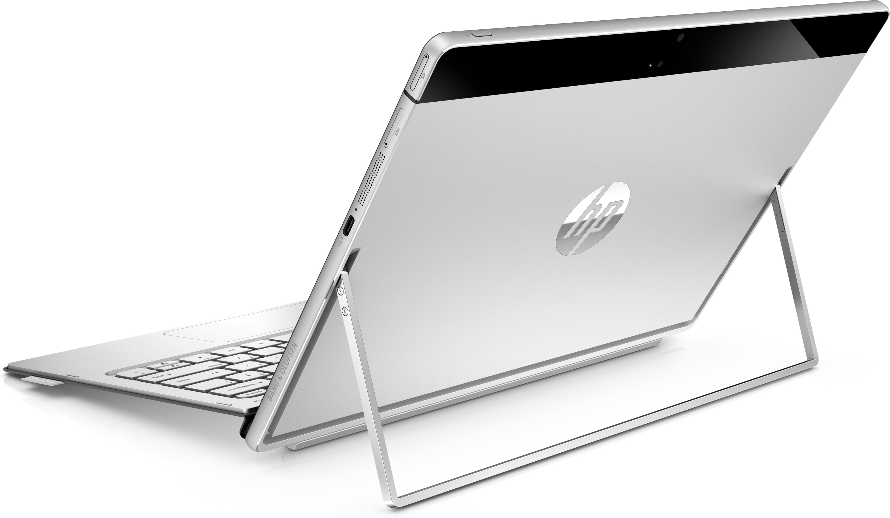 Silbernes HP-Tablet mit integriertem Ständer, angeschlossener Tastatur und Logo auf der Rückseite.