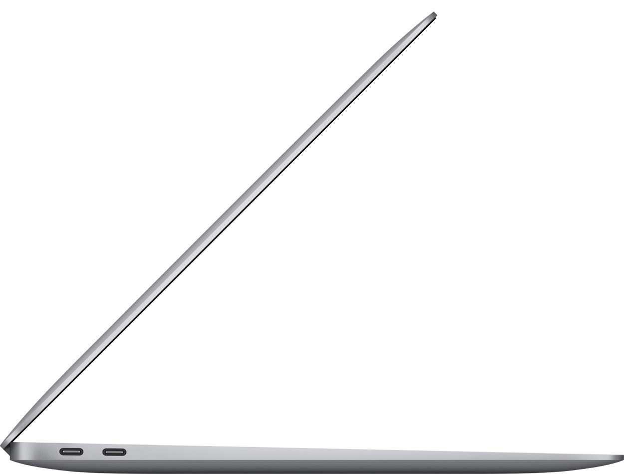 Zijaanzicht van een zilveren laptop, dun en open, met een strak, minimalistisch ontwerp.