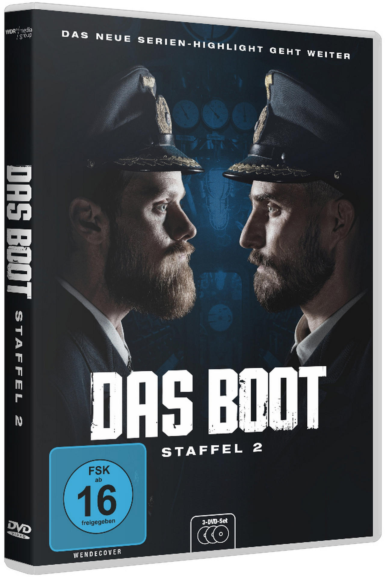 DVD-Hülle von 'Das Boot' mit Gesichtern von zwei Männern. Dunkler Hintergrund. Deutscher Text.