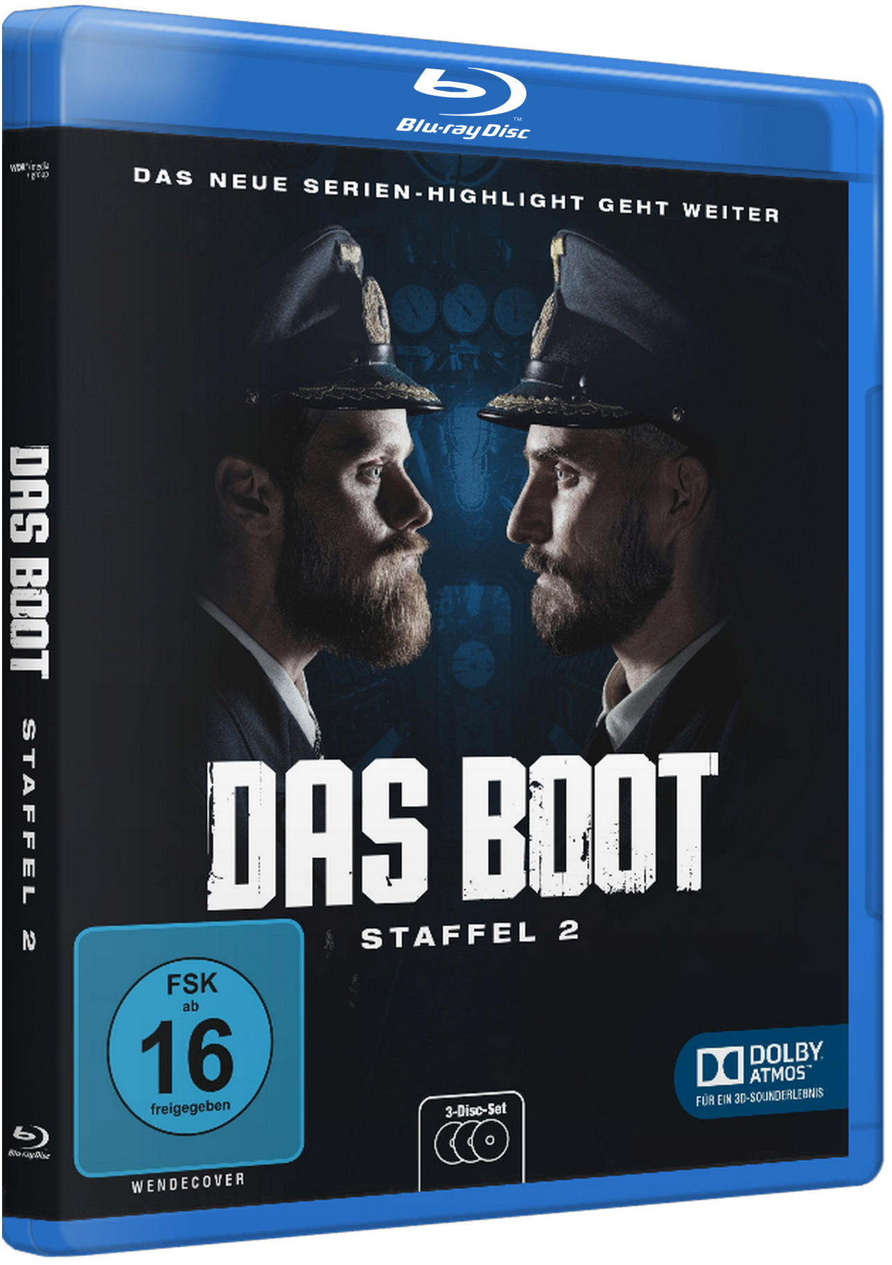 Blu-ray-Disc-Hülle für eine Serie. Zeigt zwei Männer mit Marinehüten, betitelt 'Das Boot'.