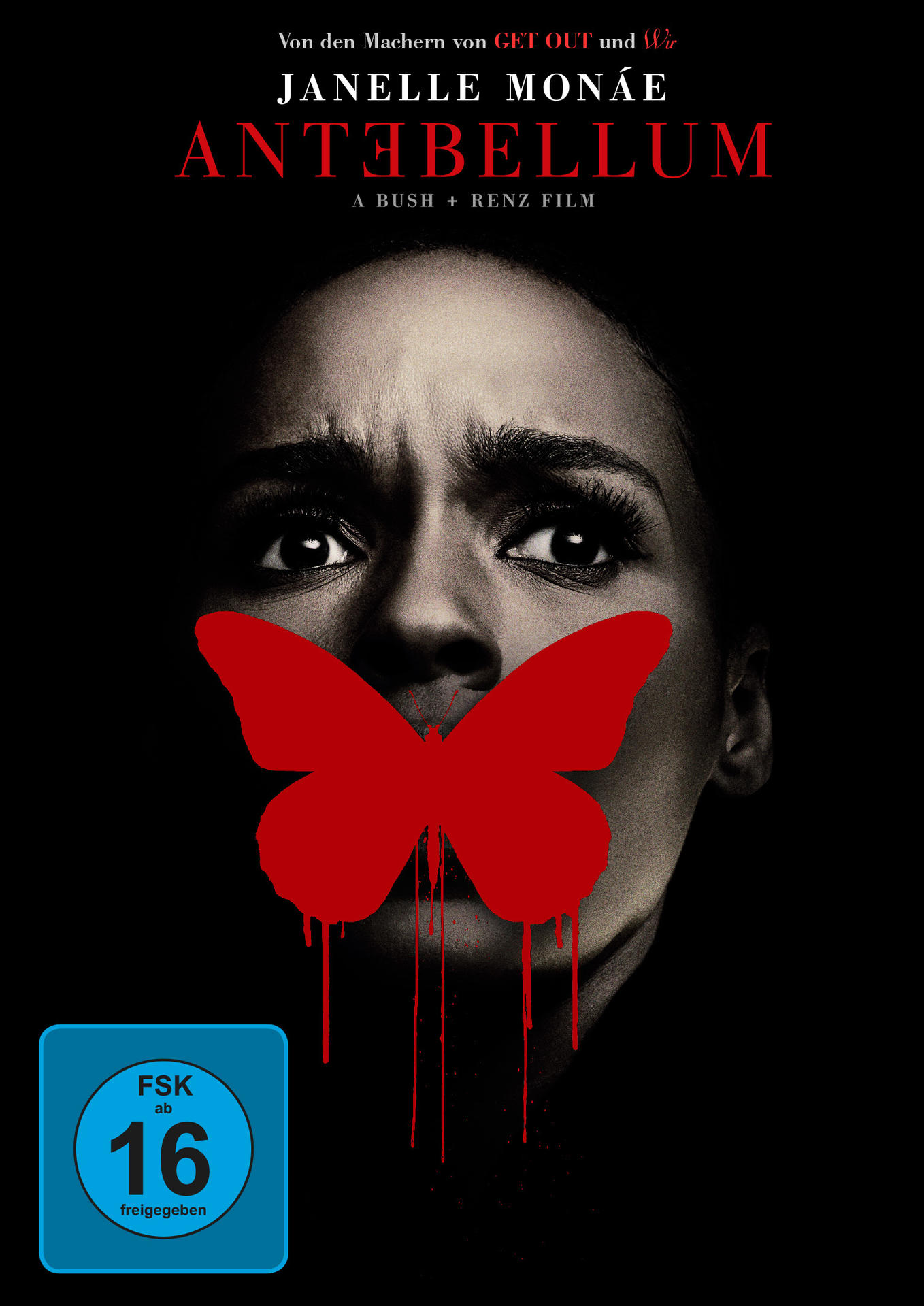 Filmposter für Antenbellum. Das Gesicht einer schwarzen Frau mit einem roten Schmetterling über dem Mund. Dunkler Hintergrund.