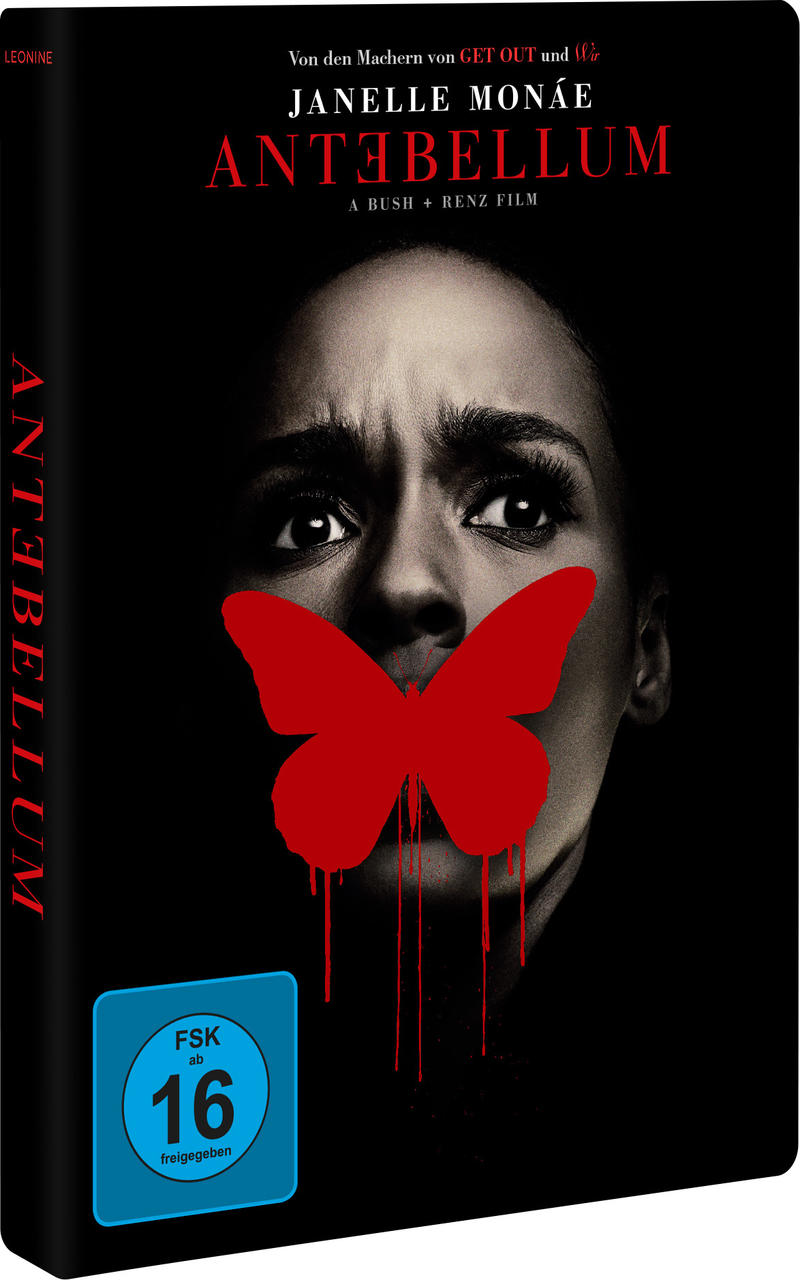 DVD-Cover für den Film Antbellum, mit einem Frauengesicht und einem roten Schmetterling.