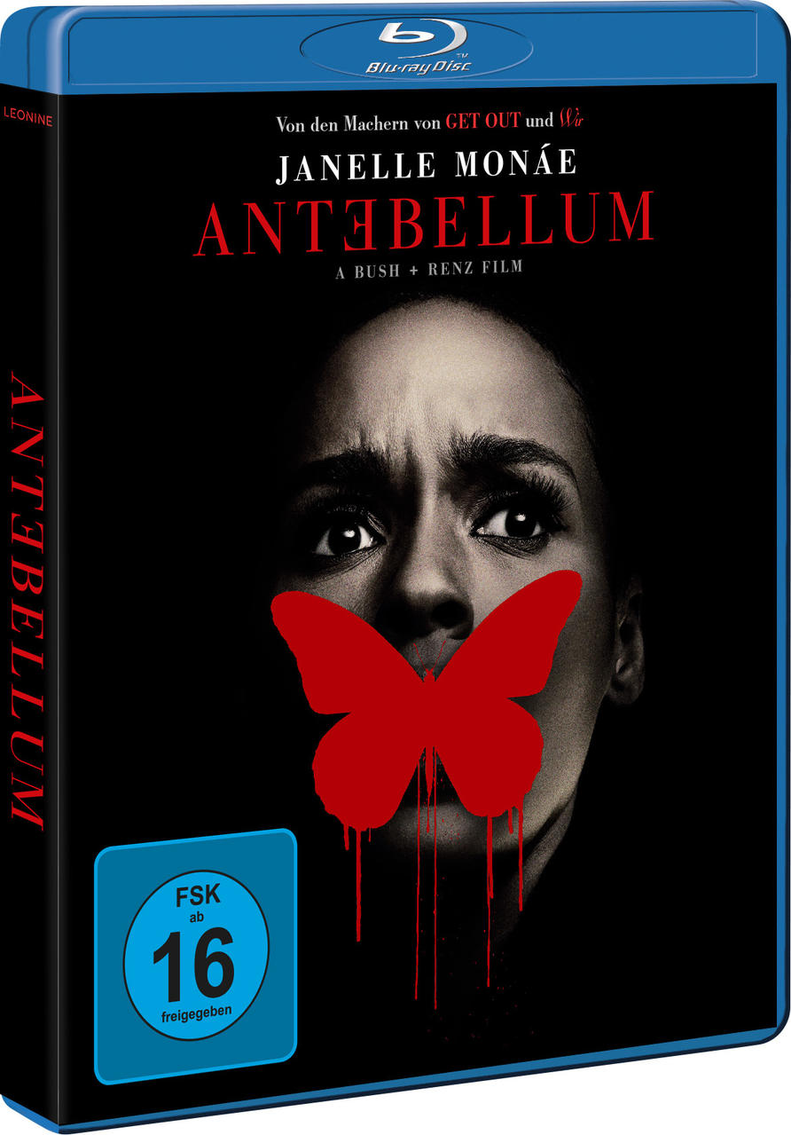 Blu-ray-Hülle von 'Antebellum' mit dem Gesicht einer Frau. Roter Schmetterling bedeckt ihren Mund. Dunkler Hintergrund.