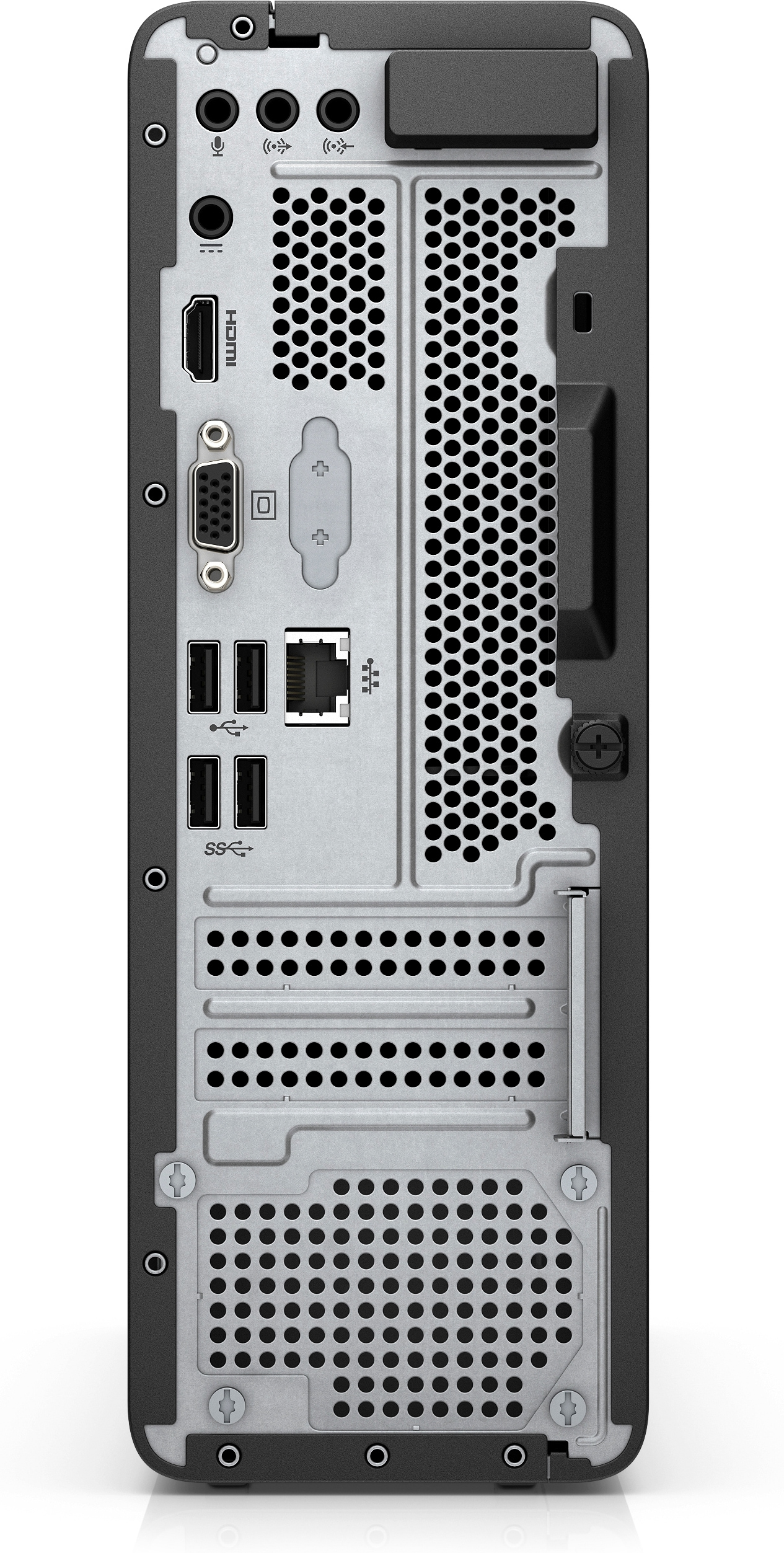 Rückseite eines schwarzen Desktop-Computers mit sichtbaren Anschlüssen und Verbindungen.