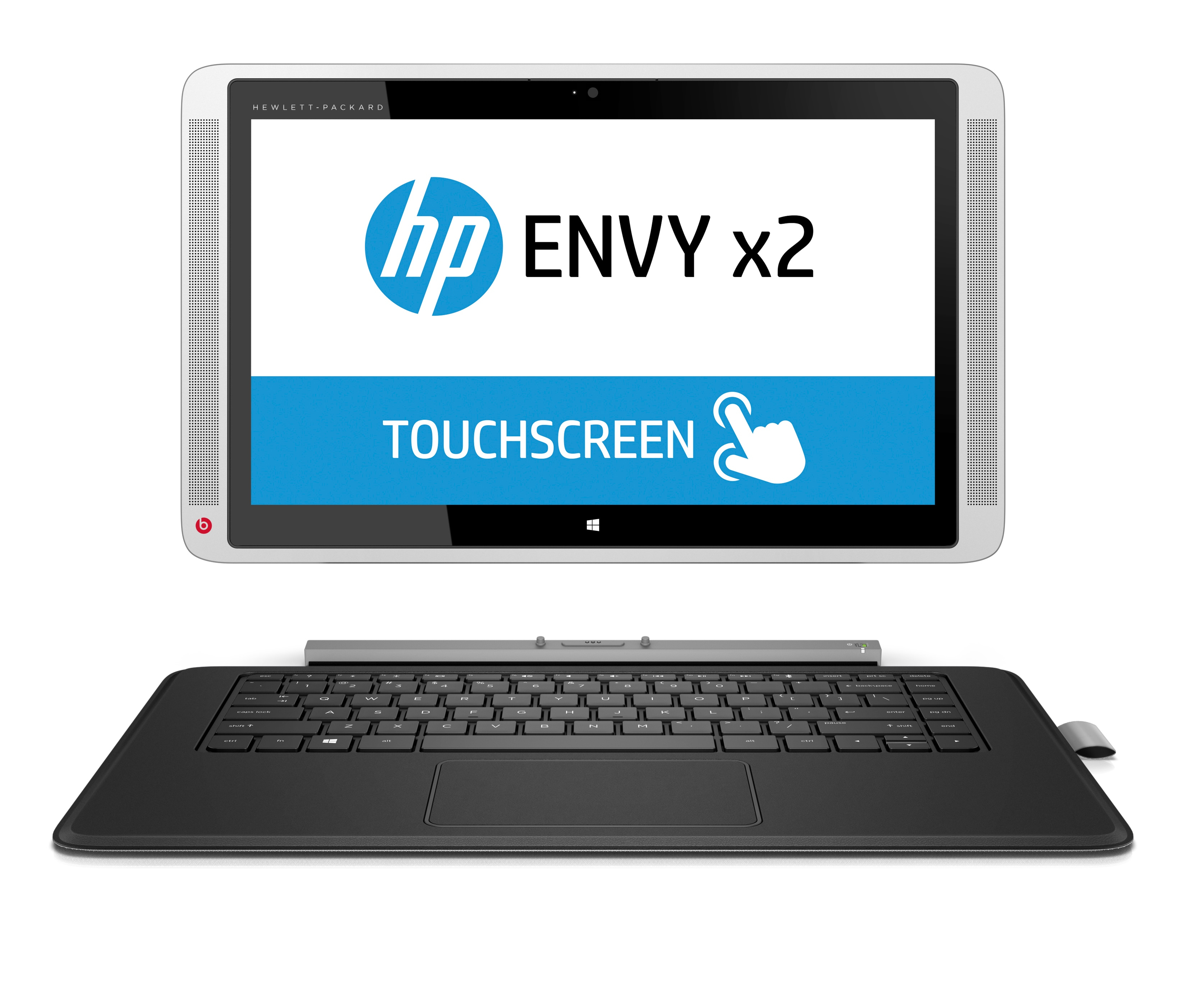 Ein HP Envy x2 Touchscreen-Tablet mit abgetrennter schwarzer Tastaturbasis davor.
