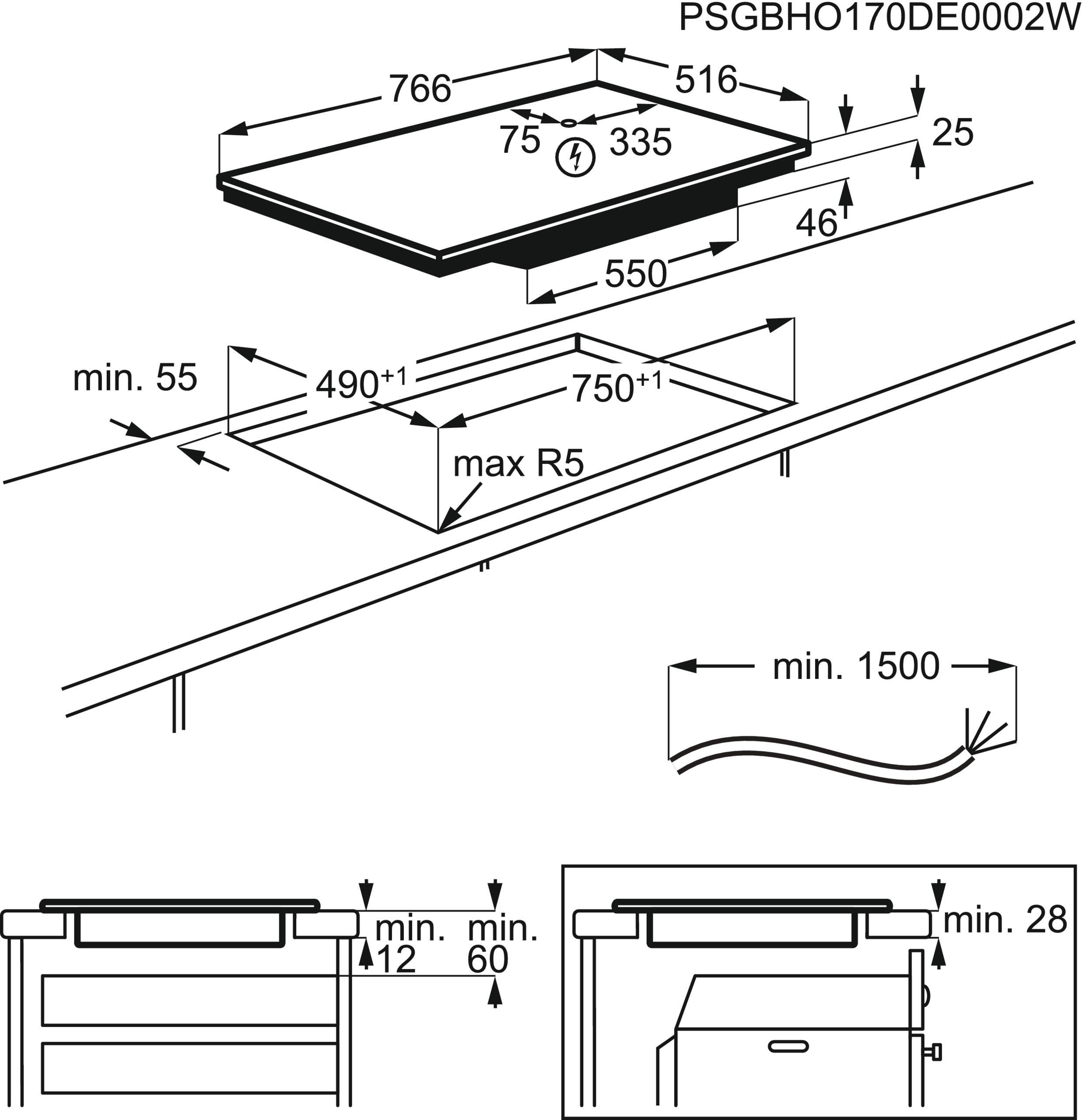 Schematische Darstellung eines schwarzen Induktionskochfelds mit Abmessungen und Installationsdetails.