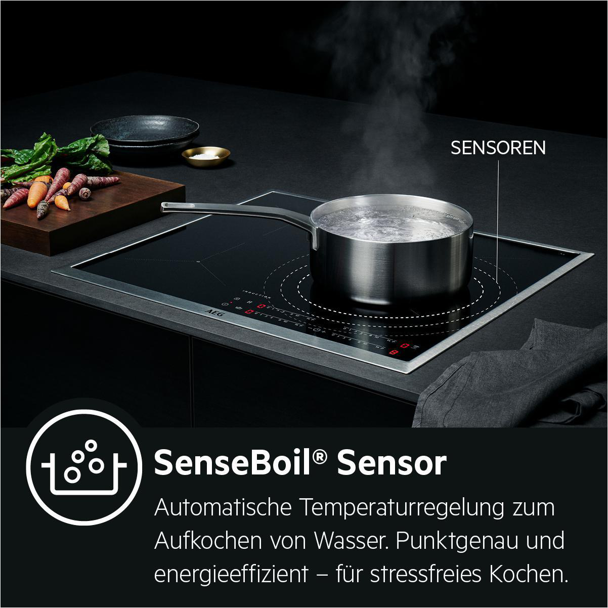 Ein Induktionskochfeld mit einem Topf mit kochendem Wasser. Text und Grafiken beschreiben die Sensortechnologie.