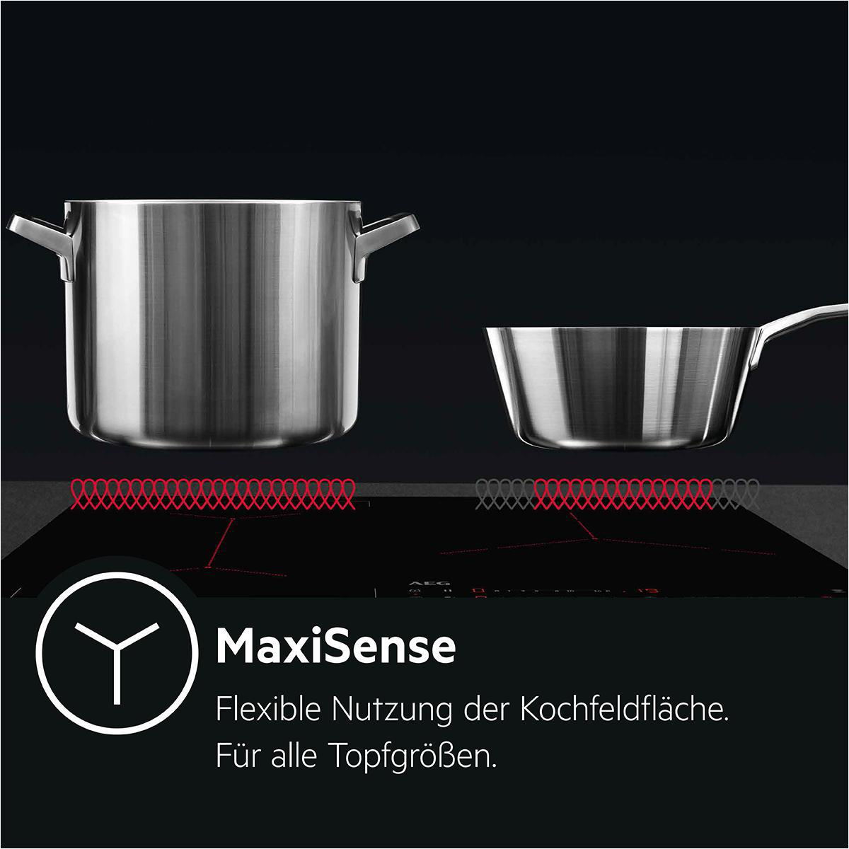 Schwarzes Induktionskochfeld. Zeigt zwei Pfannen auf Kochzonen und verfügt über das MaxiSense-System.
