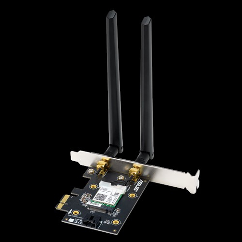 ASUS Wi-Fi-Karte mit zwei Antennen, schwarz und silber. Auf schwarzem HG.