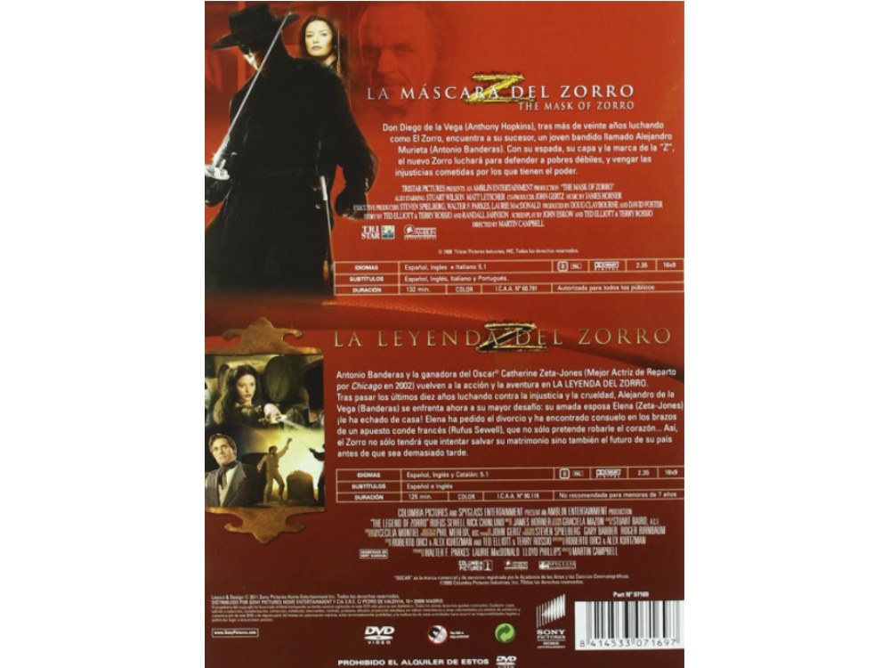Contraportada de la caja de DVD. Texto en español sobre las películas 'La Máscara del Zorro' y 'La Leyenda del Zorro'.