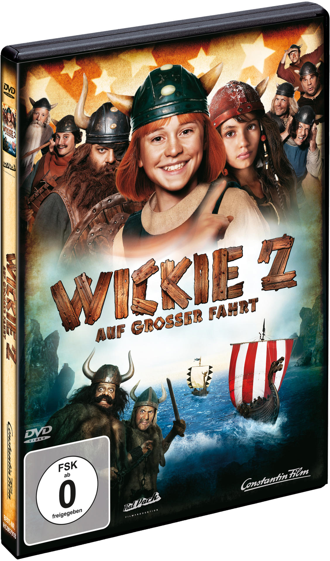 DVD-Cover für 'Wickie 2' mit Zeichentrickfiguren, einem Wikingerschiff und dem Filmtitel.
