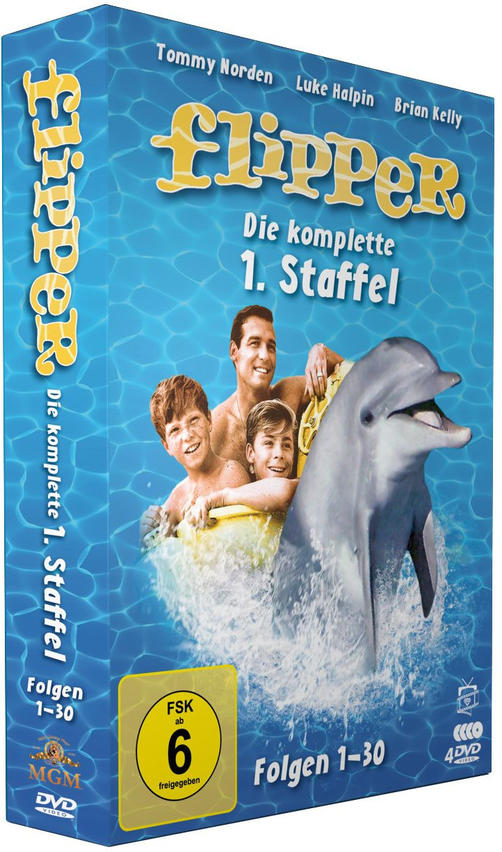 DVD-Box-Set der Fernsehserie Flipper, mit einem Delfin und Schauspielern vor blauem Wasserhintergrund.
