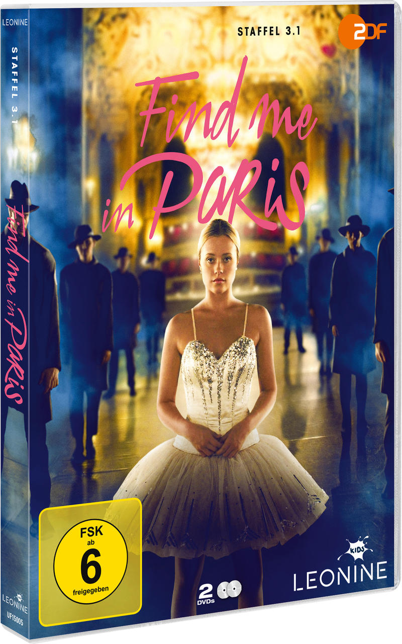 DVD-Hülle von 'Find Me in Paris' mit einer Ballerina und einer Gruppe von Figuren im Hintergrund.