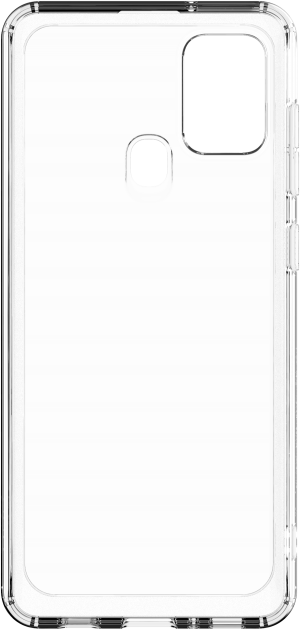 Egy átlátszó telefontok, amely egy telefon hátulját mutatja. Van rajta egy kamerakivágás és oldalsó gombok.
