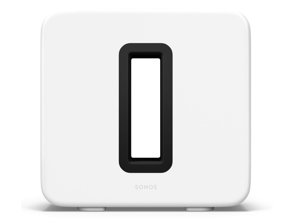 Un subwoofer Sonos blanco con un agujero rectangular negro en el medio.