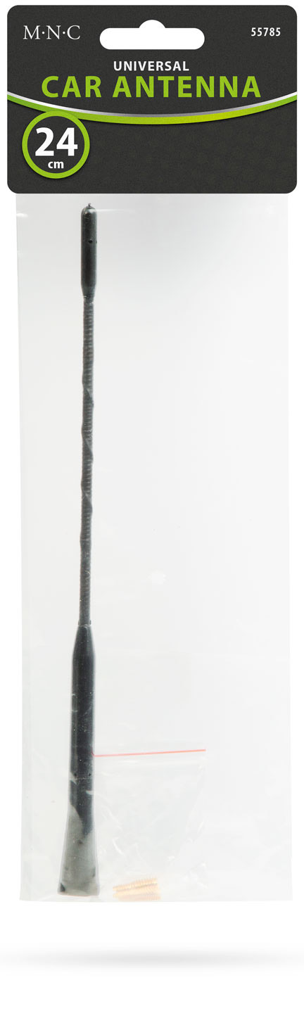 Autóantenna műanyag zacskóban. Fekete és szürke színek, a csomagolás azt mondja: 'Universal Car Antenna'.