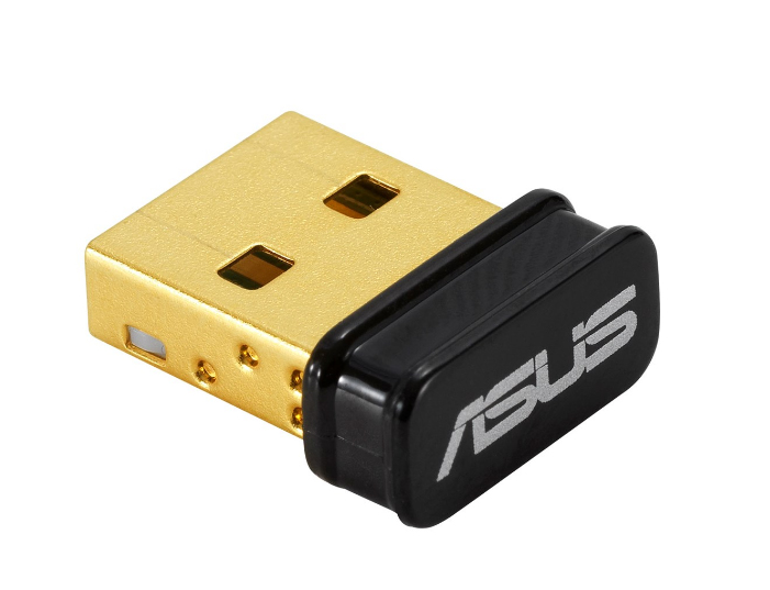 ASUS USB-WLAN-Adapter. Es ist gold und schwarz und wird in einen USB-Anschluss gesteckt.