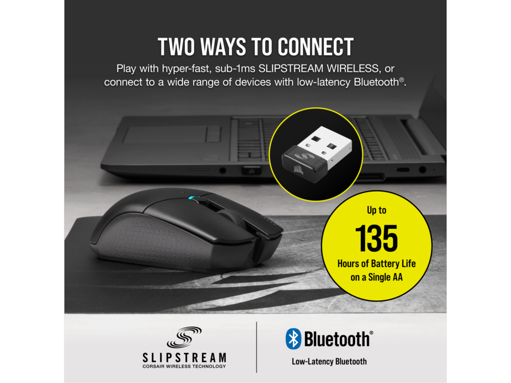 Ratón negro con receptor USB y texto sobre conectividad inalámbrica y duración de la batería.