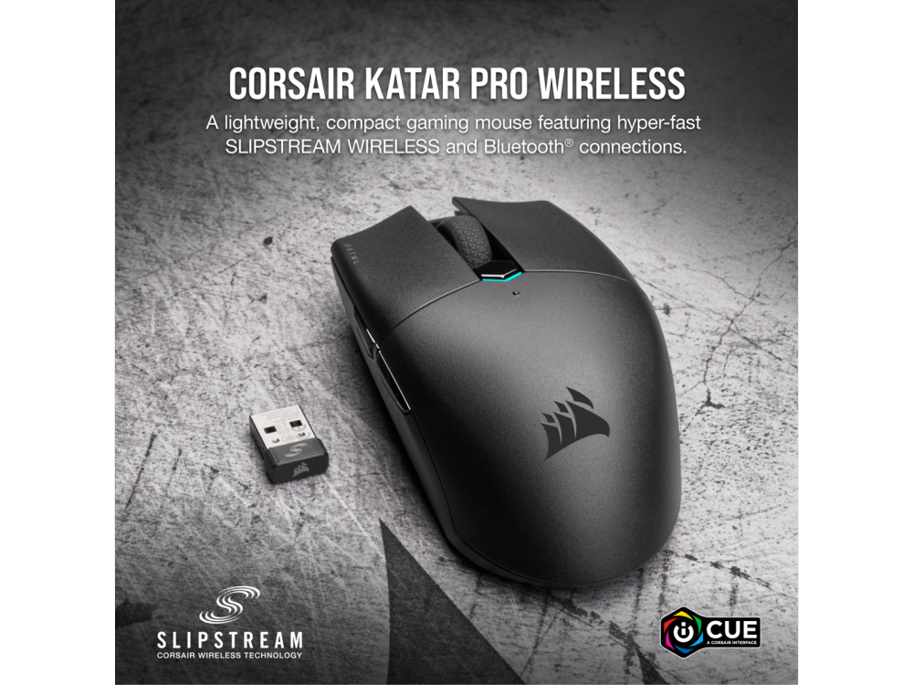 Ratón inalámbrico negro con receptor USB. 'Corsair Katar Pro Wireless' y logotipo de la marca en superficie.
