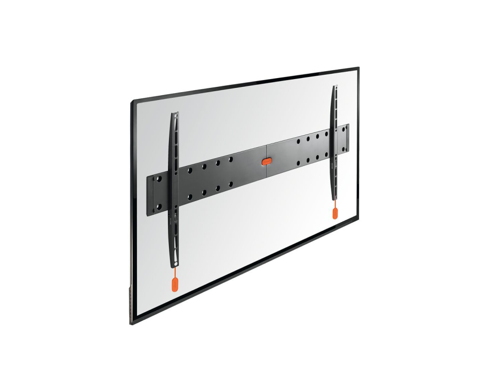 Soporte de TV sobre fondo blanco. Hardware de montaje negro, puntos de ajuste naranjas.